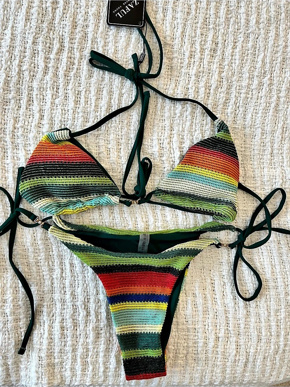 ZAFUL Striped Crochet Bikini in Green & Multicolor Size Small NWT